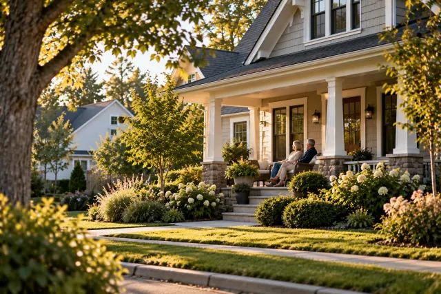 An older American couple on the porch of their house, seen from the street at a distance in late afternoon light.
